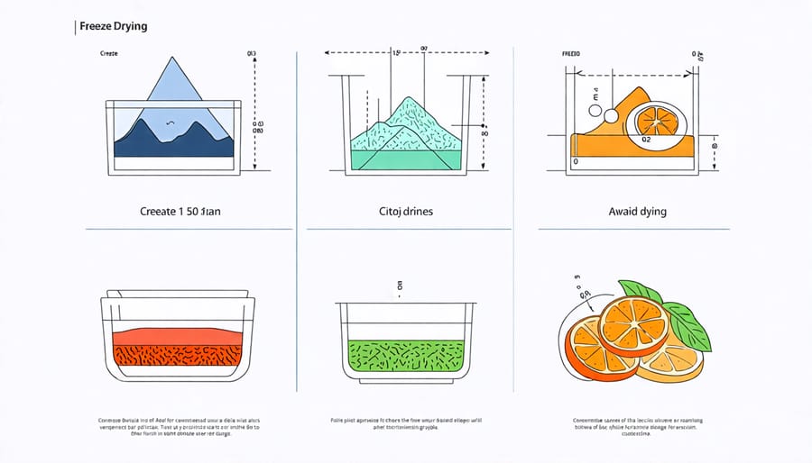 Visual representation of the stages in the freeze-drying process, including freezing, primary drying, and secondary drying