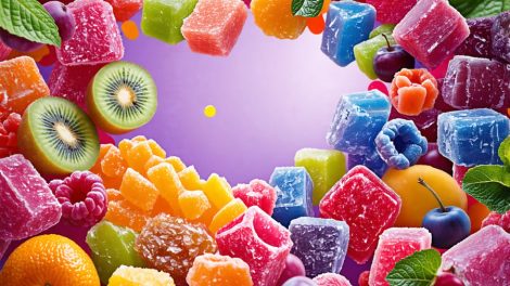 A conceptual image representing the innovative integration of organic farming and advanced technology in producing vibrant freeze-dried candies.