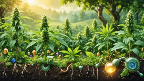 Illustrative depiction of a thriving organic farm integrating THCA-rich cannabis plants, showcasing enhanced soil vitality and natural pest control.